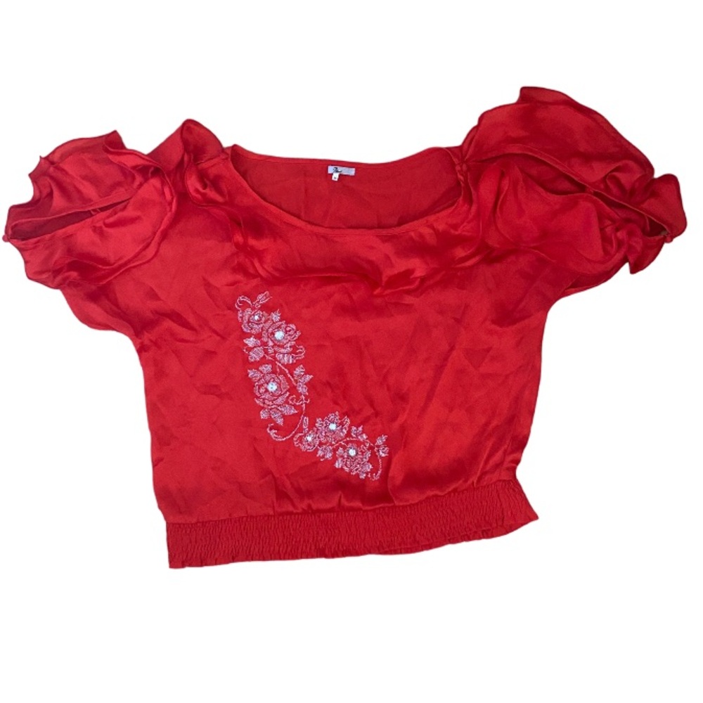 POINT Red Silky Cold Shoulder Romantic Embellished Blouse Size M